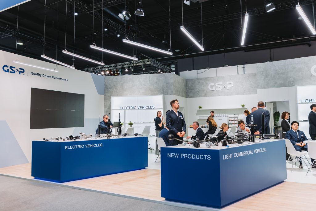 GSP booth with two blue product displays